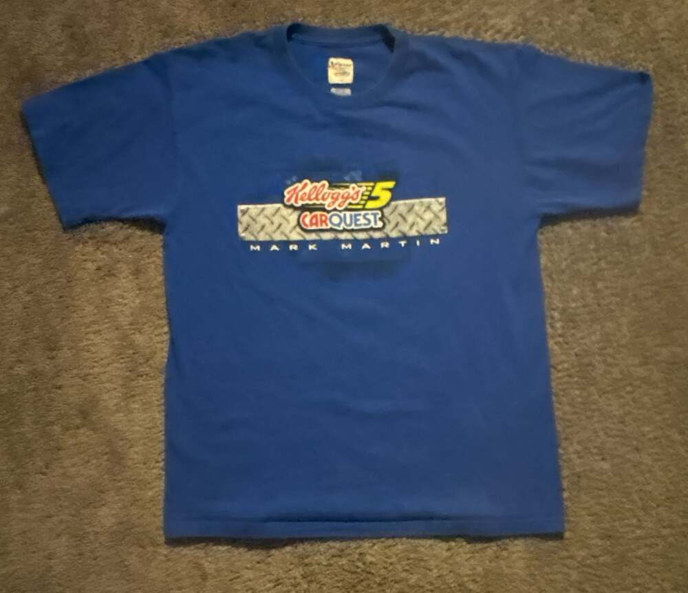 Vintage NASCAR Mark Martin #5 CarQuest Kellogg's Double Sided Blue T-Shirt